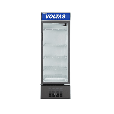 A close-up of the rugged, heavy-duty shelves inside the spacious 320-litre Voltas Visi Cooler.
