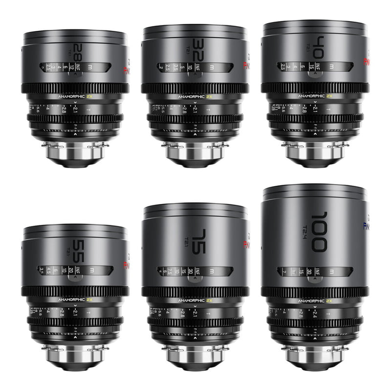 DZOFILM Pavo 2x anamorphic 6-lens set 28/32/40/55/75/100mm T2.1 -T2.4 (100mm) Neutral Coating- PL&EF mount (feet)