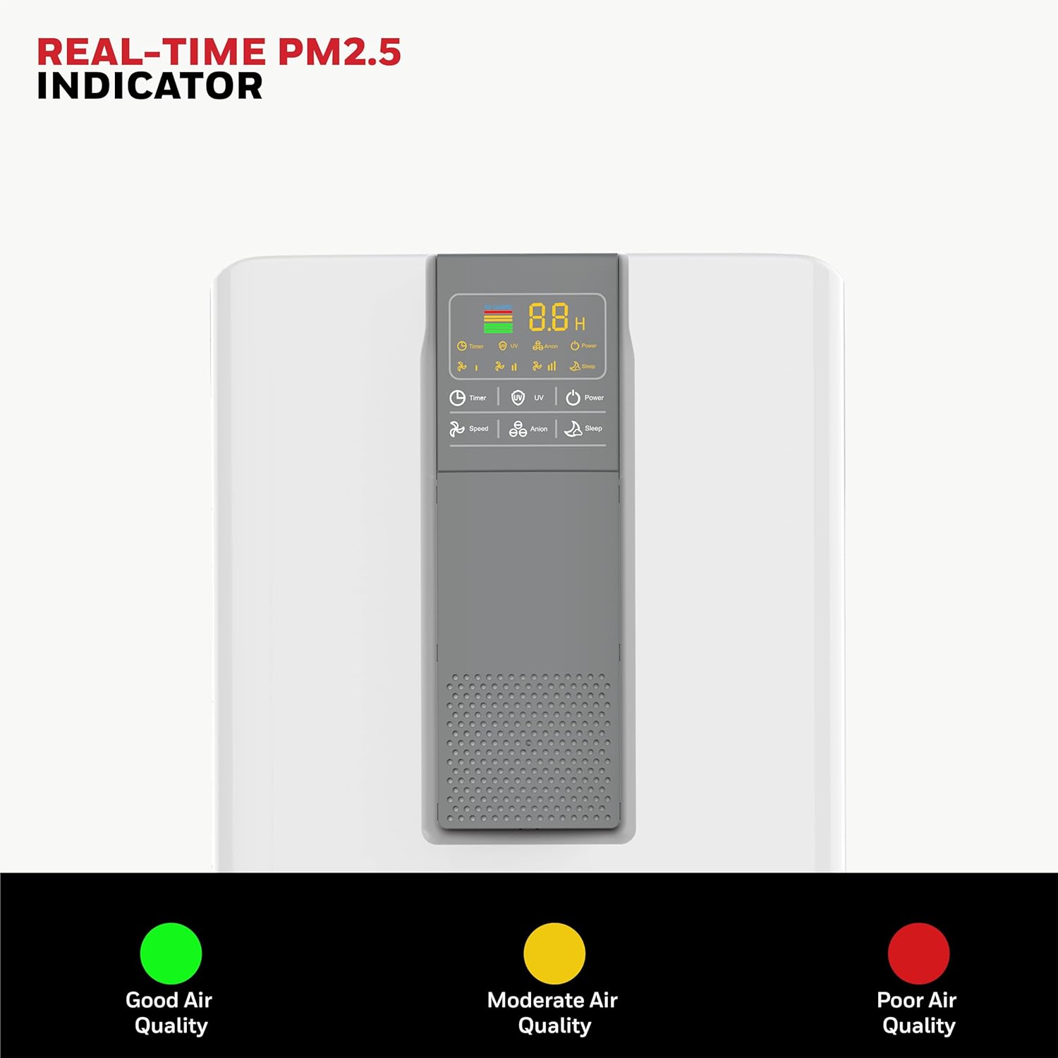 Front view of the Honeywell Air Touch V4, showcasing its digital PM2.5 display and sleek design. Front view of the Honeywell Air Touch V4, showcasing its digital PM2.5 display and sleek design.