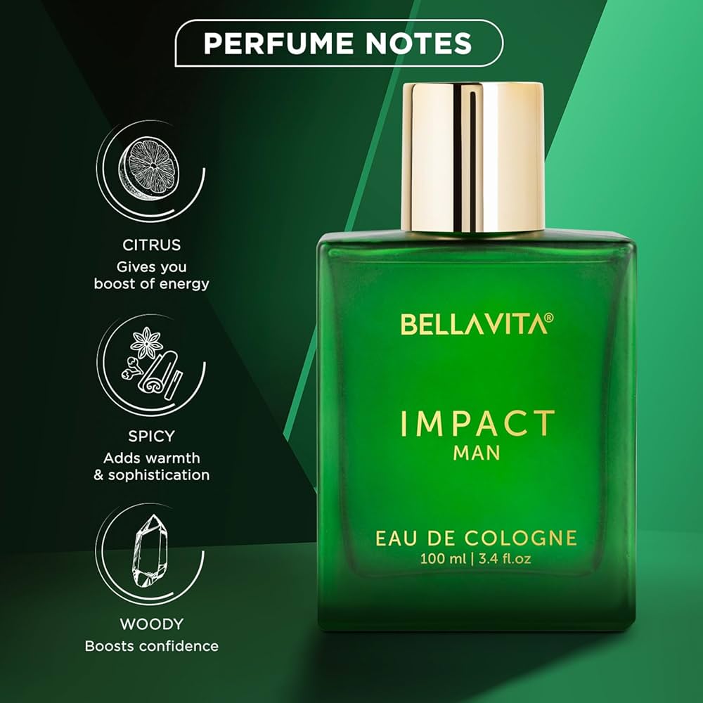 Bella Vita Luxury IMPACT MAN Eau De Cologne Perfume with Mandarin Orange, Patchouli, Cedar | Woody, Citrusy Long Lasting EDC Fragrance Scent for Men 100Ml Bella Vita Luxury IMPACT MAN Eau De Cologne Perfume with Mandarin Orange, Patchouli, Cedar | Woody, Citrusy Long Lasting EDC Fragrance Scent for Men 100Ml