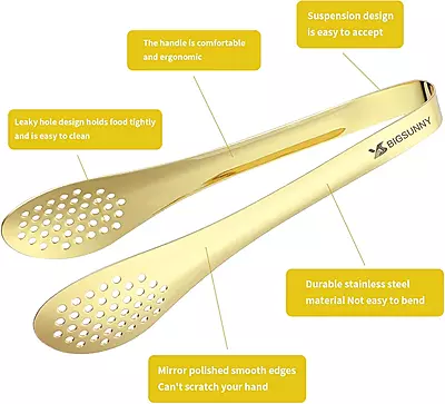 HIGH QUALITY GOLD PLATED STAINLESS STEEL LONG INSULATED HANDLE FOOD TONG - BIG