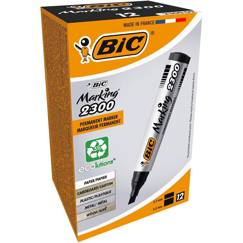 Bic 2300 Marking Permanent Markers Chisel 3.7-5.5mm Black Pack  of 12