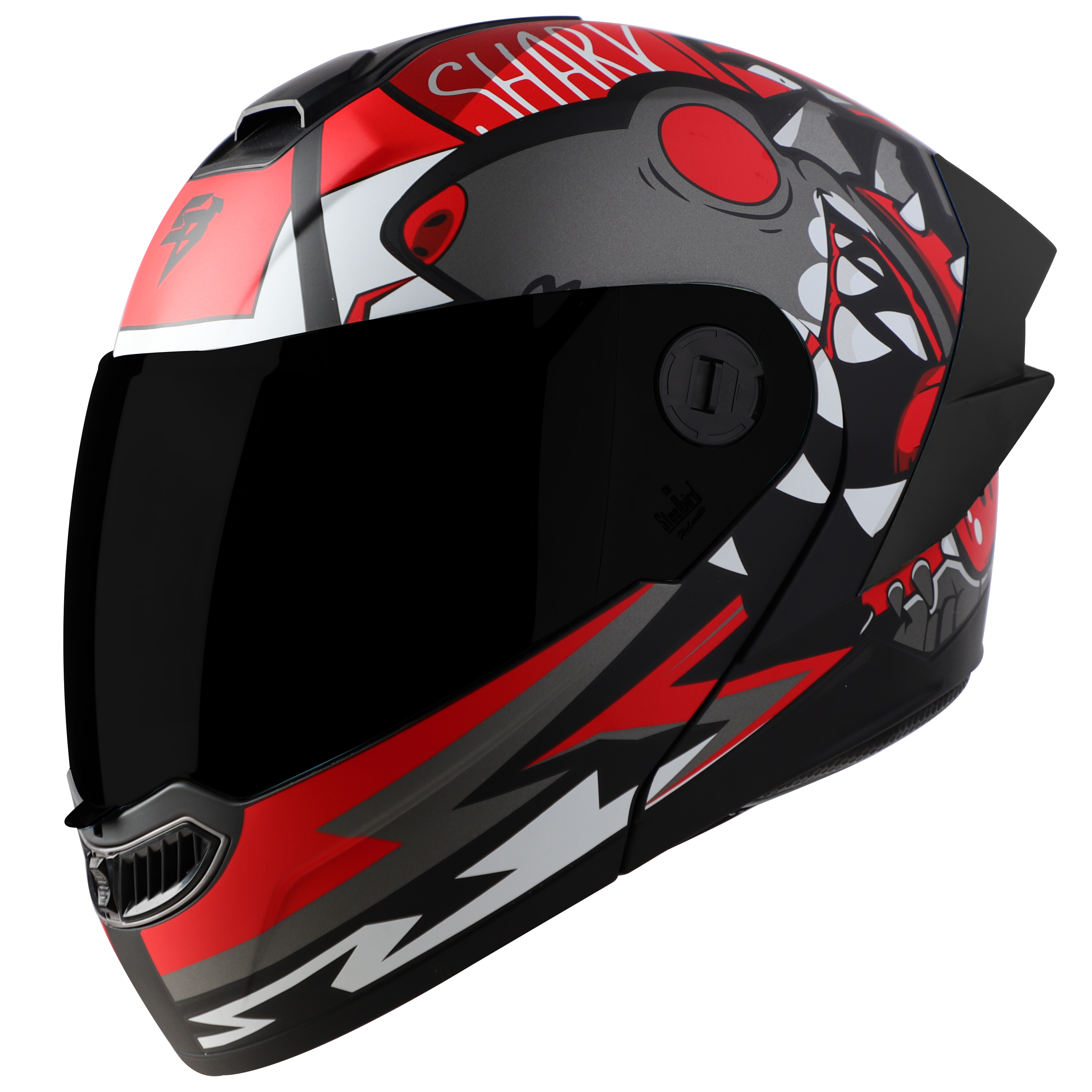 STEELBIRD SBA-8 ISS SHARKY GLOSSY BLACK/RED C/V 600MM WITH EXTRA SMOKE VISOR & BLACK SPOILER