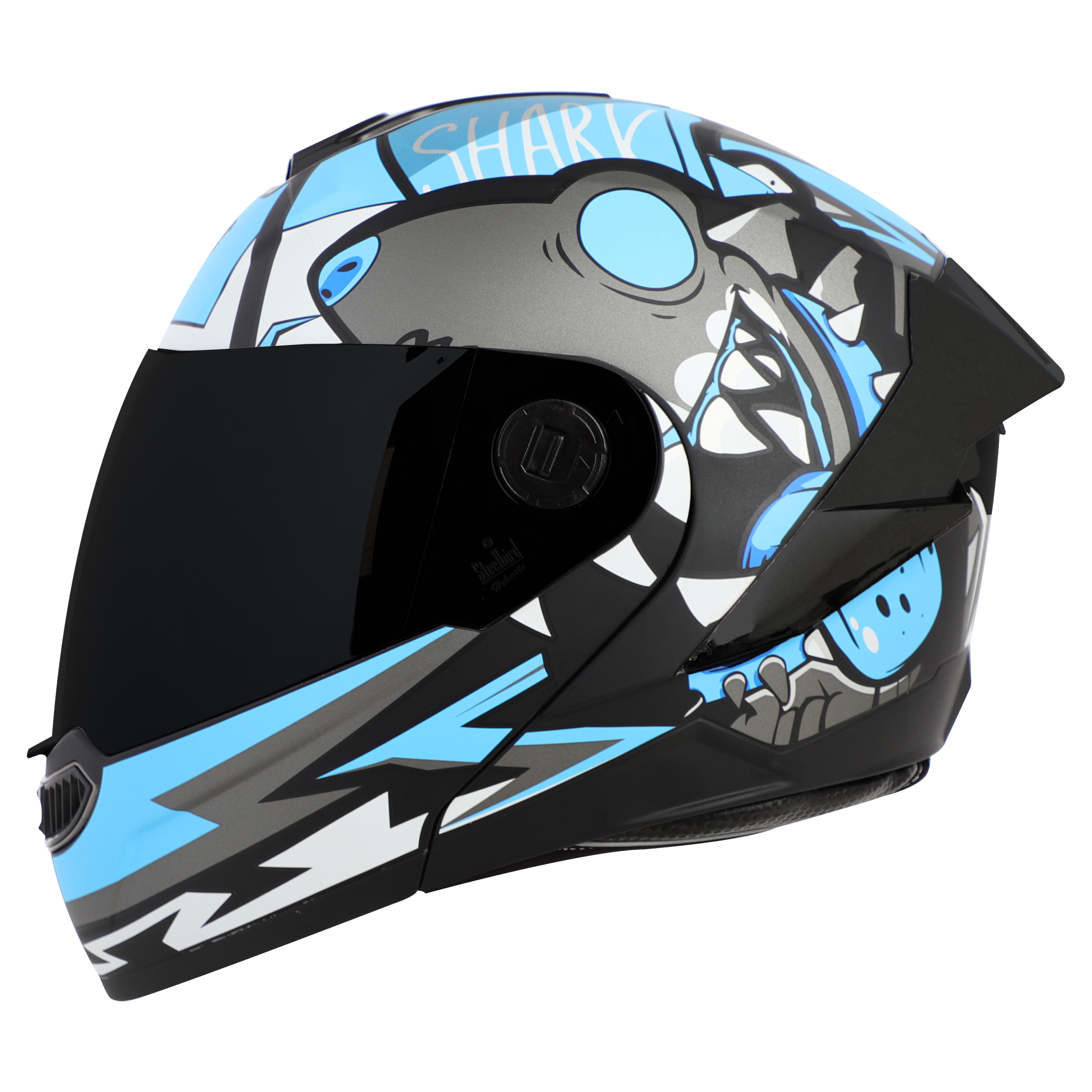 STEELBIRD SBA-8 ISS SHARKY GLOSSY BLACK/JAZZ BLUE C/V 600 MM WITH EXTRA SMOKE VISOR & BLACK SPOILER