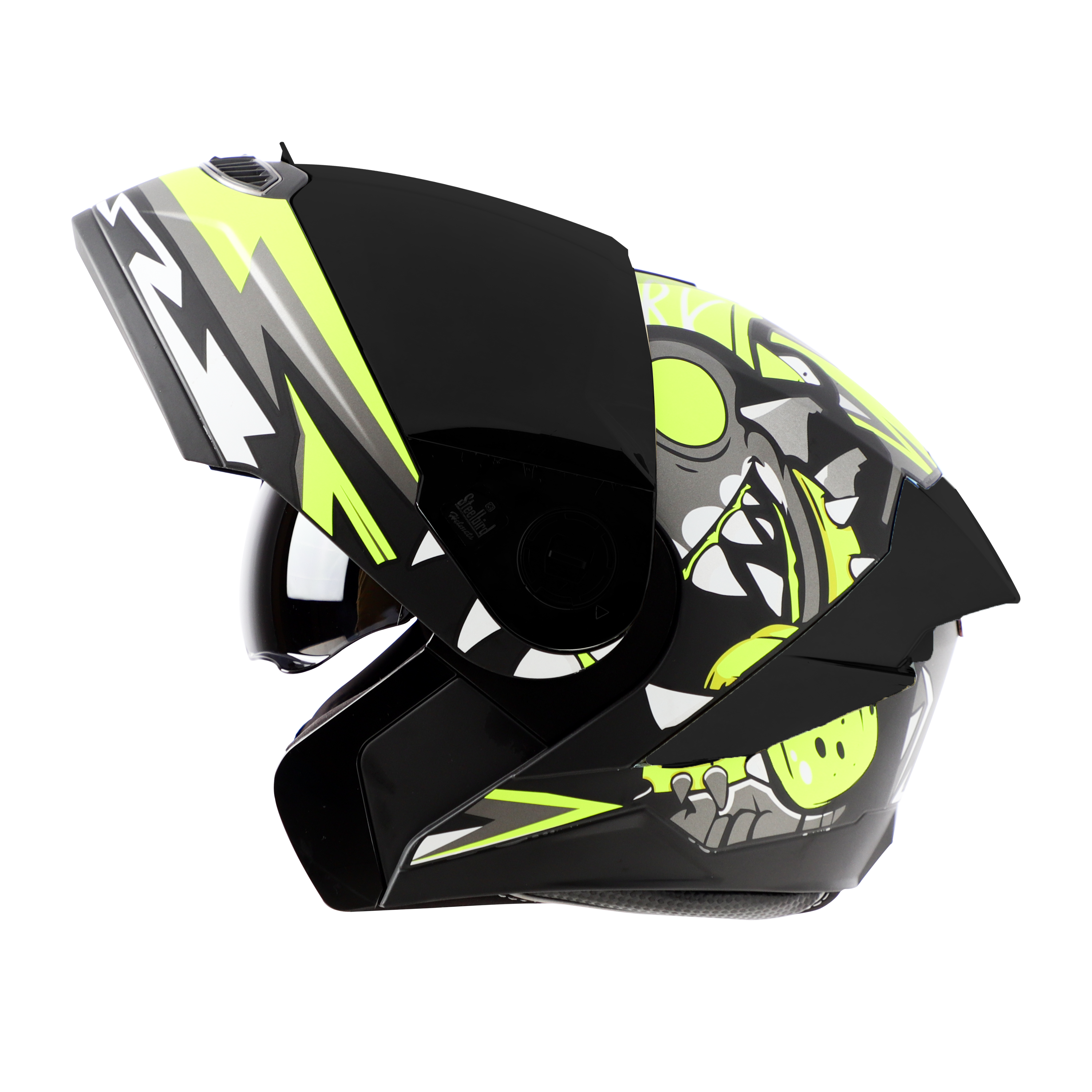 STEELBIRD SBA-8 ISS SHARKY MATT BLACK/NEON C/V 600 MM WITH EXTRA SMOKE VISOR & BLACK SPOILER