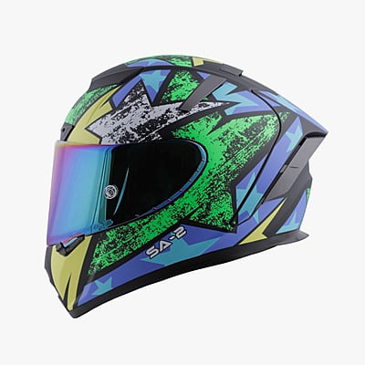 STEELBIRD SA-2 STAR GLOSSY BLACK/GREEN C/V 580 MM WITH EXTRA VISOR (SH)