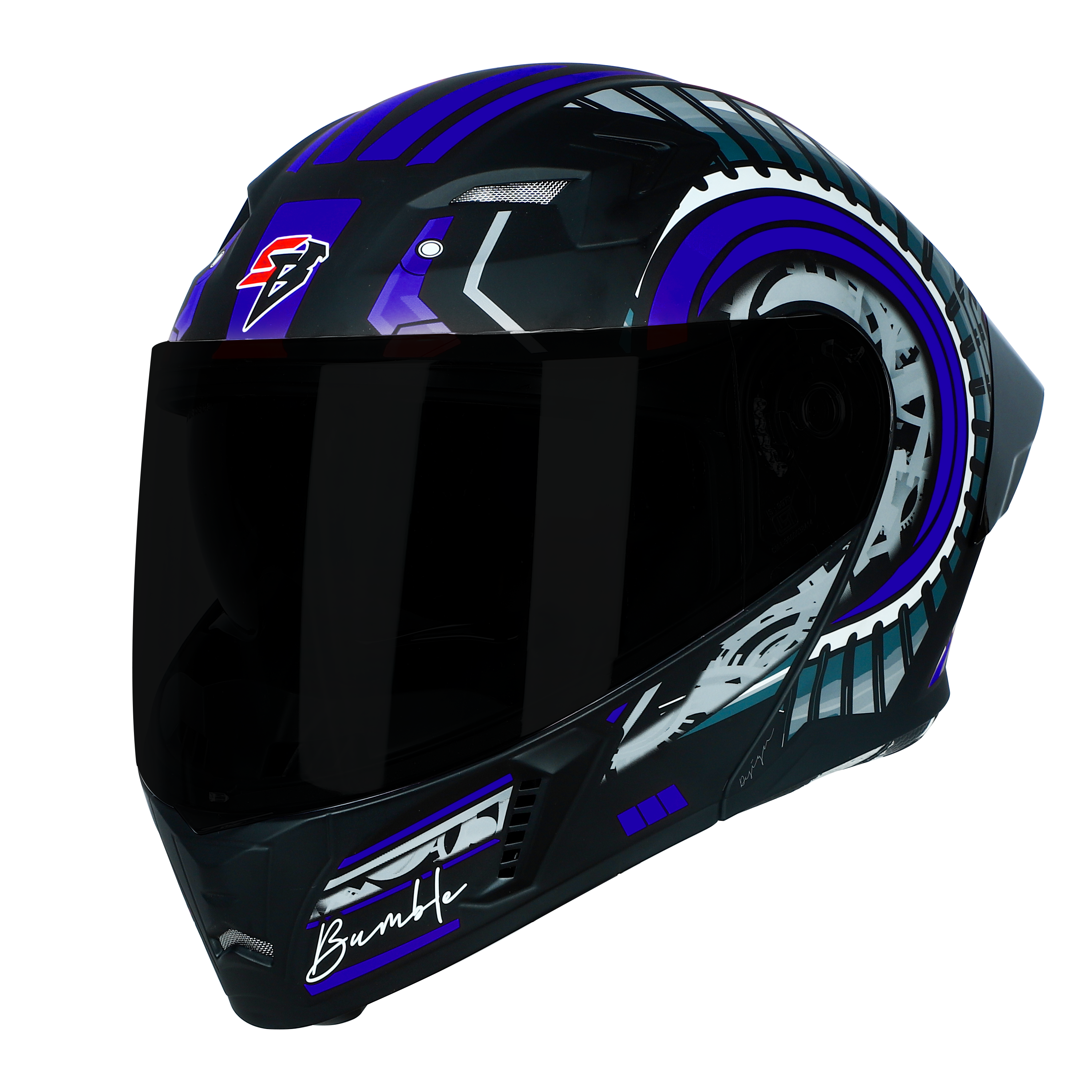 STEELBIRD SBA-20 ISS BUMBLE GLOSSY BLACK/BLUE C/V 580 MM WITH EXTRA SMOKE VISOR, BLACK SPOILER