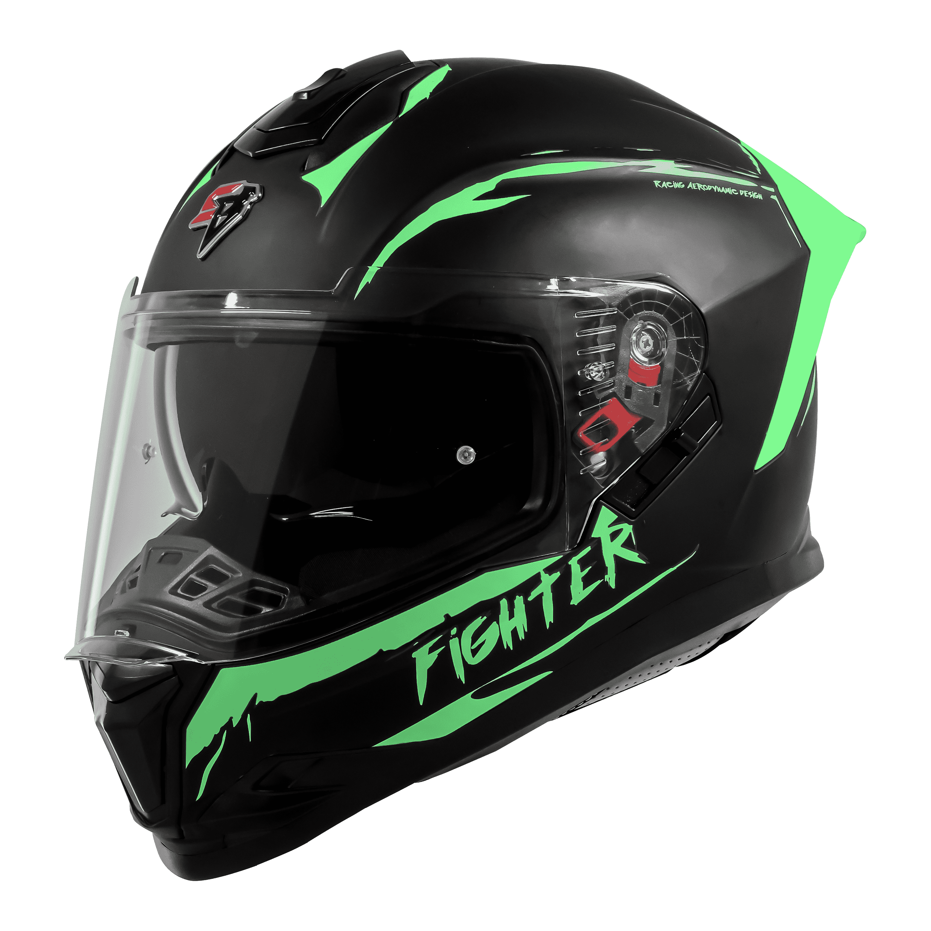STEELBIRD SBH-57 ISS FIGHTER F2 GLOSSY BLACK/GREEN C/V 620MM WITH EXTRA SMOKE VISOR+GREEN SPOILER
