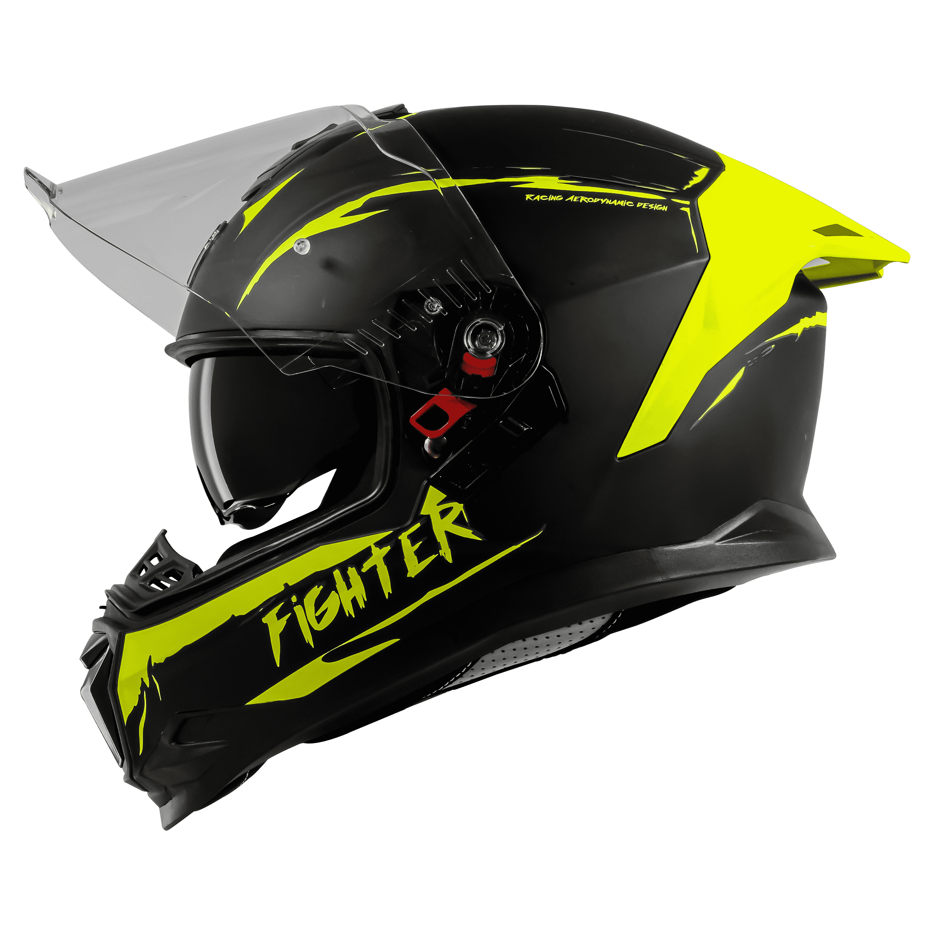 STEELBIRD SBH-57 ISS FIGHTER F2 GLOSSY BLACK/NEON C/V 600MM WITH EXTRA SMOKE VISOR+NEON SPOILER