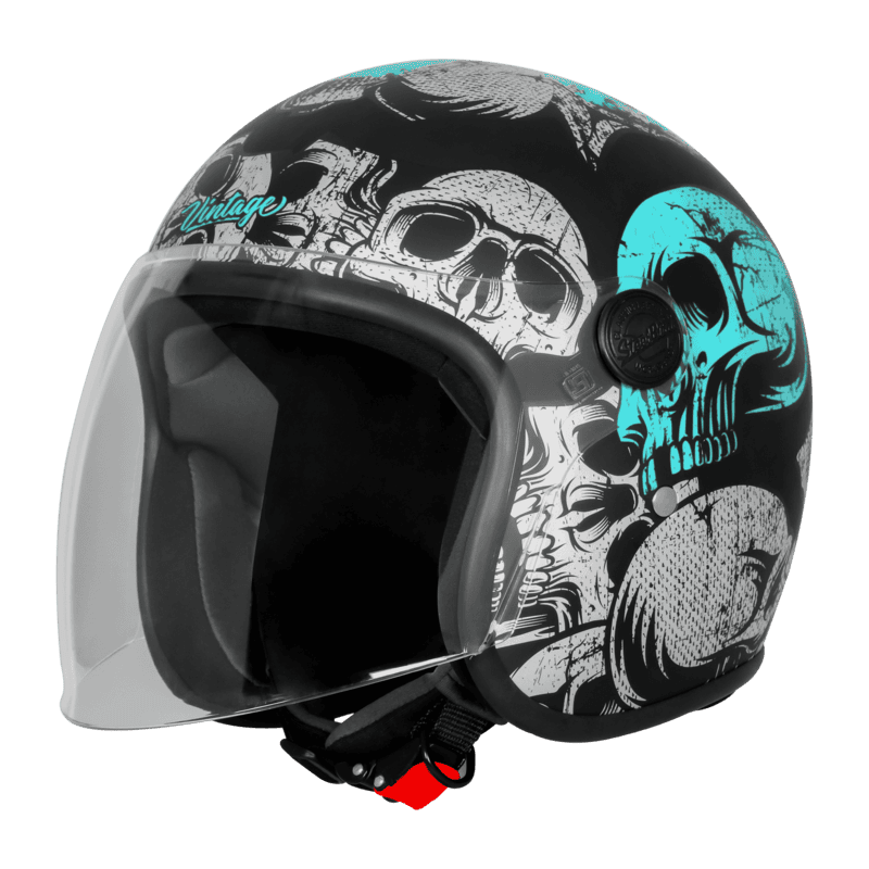 STEELBIRD SBH-56 VINTAGE SKULL GLOSSY BLACK/TURQUISE C/V 580 MM (LONG VISOR)