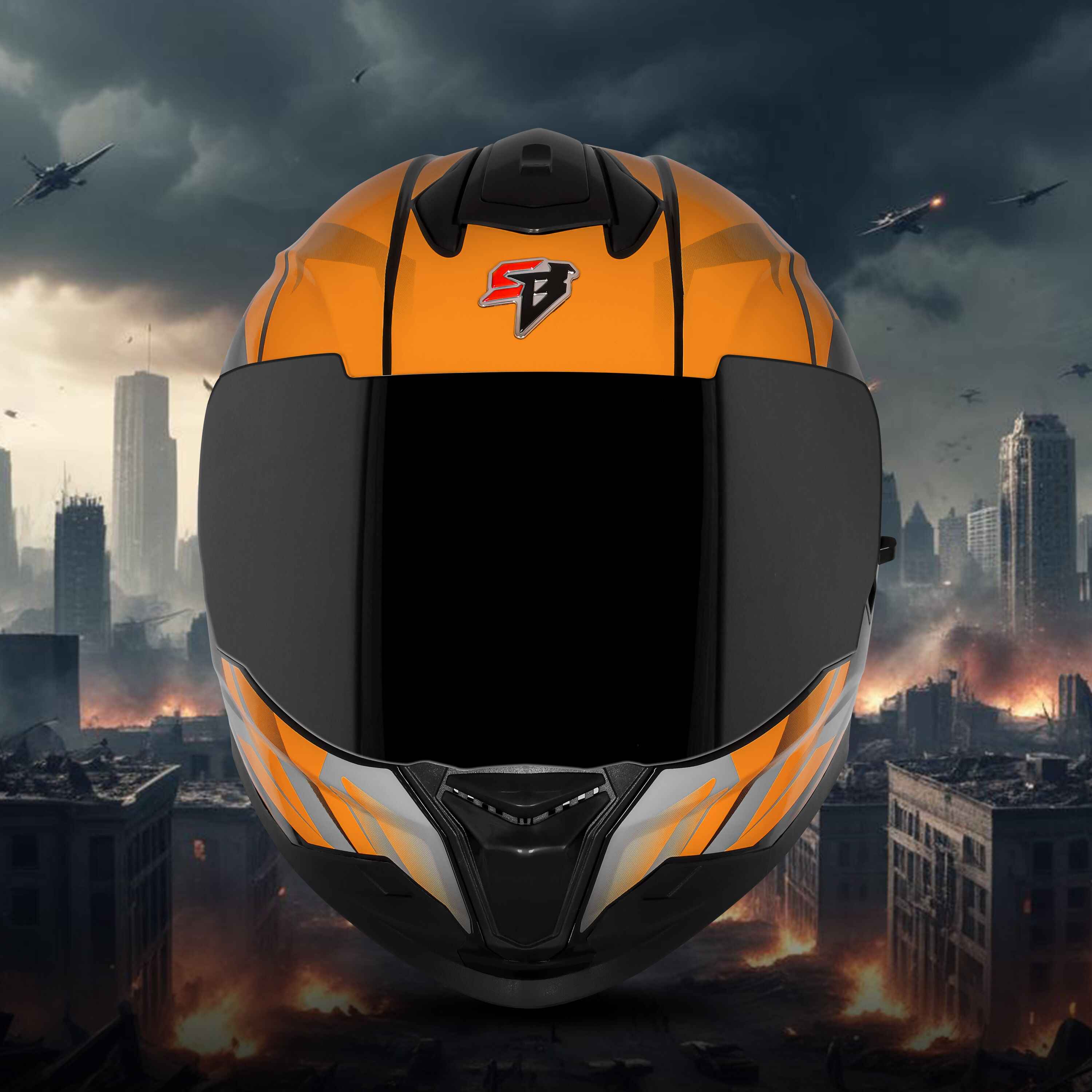 STEELBIRD SBH-57 ISS FIGHTER F4 GLOSSY BLACK/ORANGE C/V 600MM WITH EXTRA SMOKE VISOR