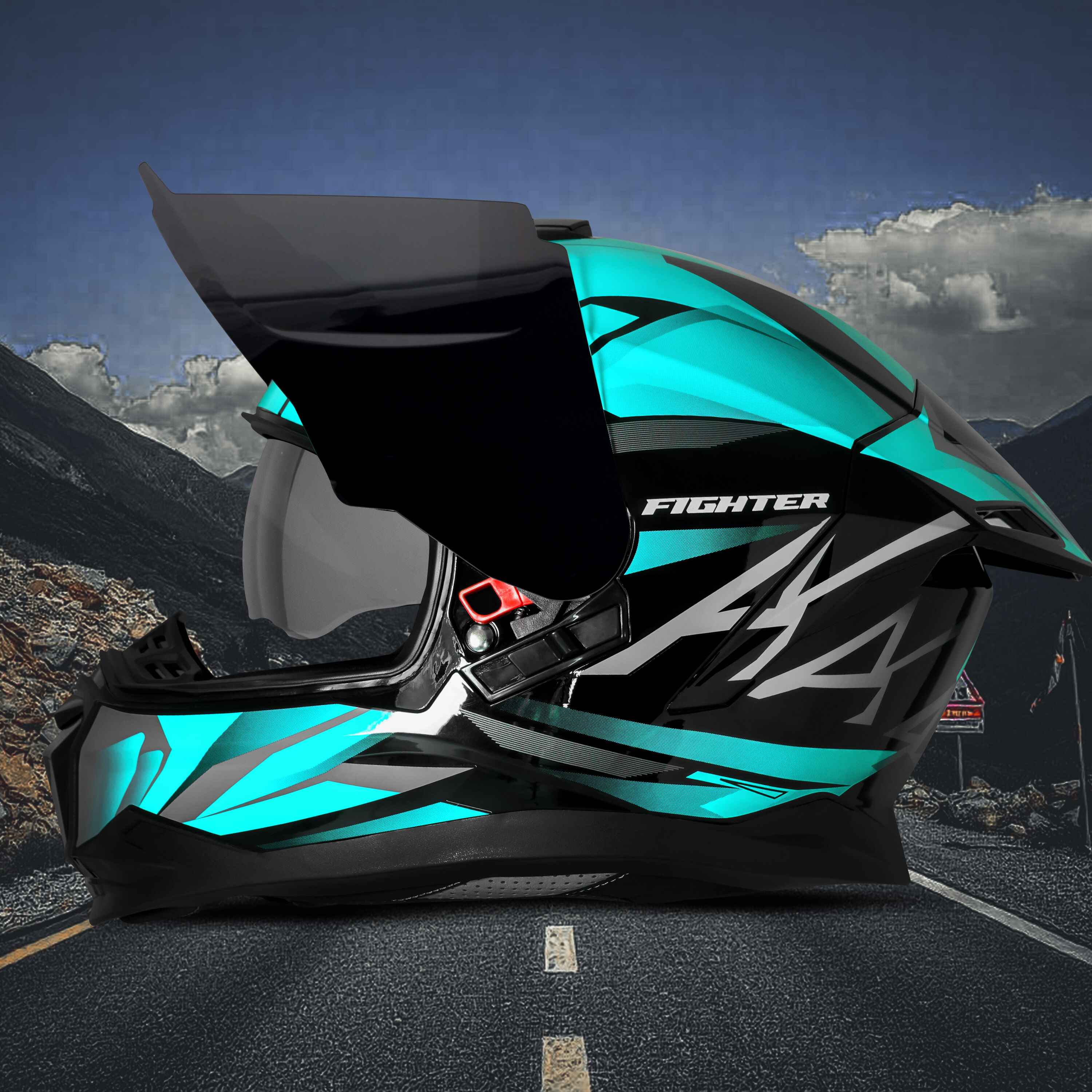 STEELBIRD SBH-57 ISS FIGHTER F4 GLOSSY BLACK/SEA GREEN C/V 580MM WITH EXTRA SMOKE VISOR
