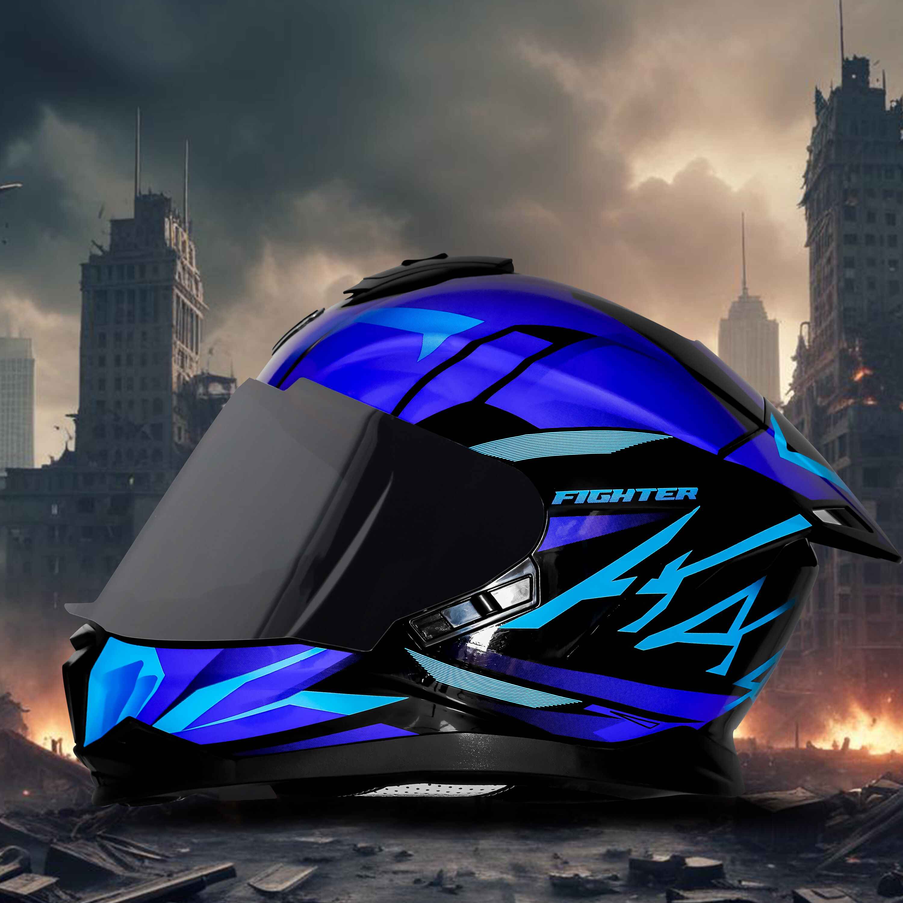 STEELBIRD SBH-57 ISS FIGHTER F4 GLOSSY BLACK/SKY BLUE C/V 580MM WITH EXTRA SMOKE VISOR