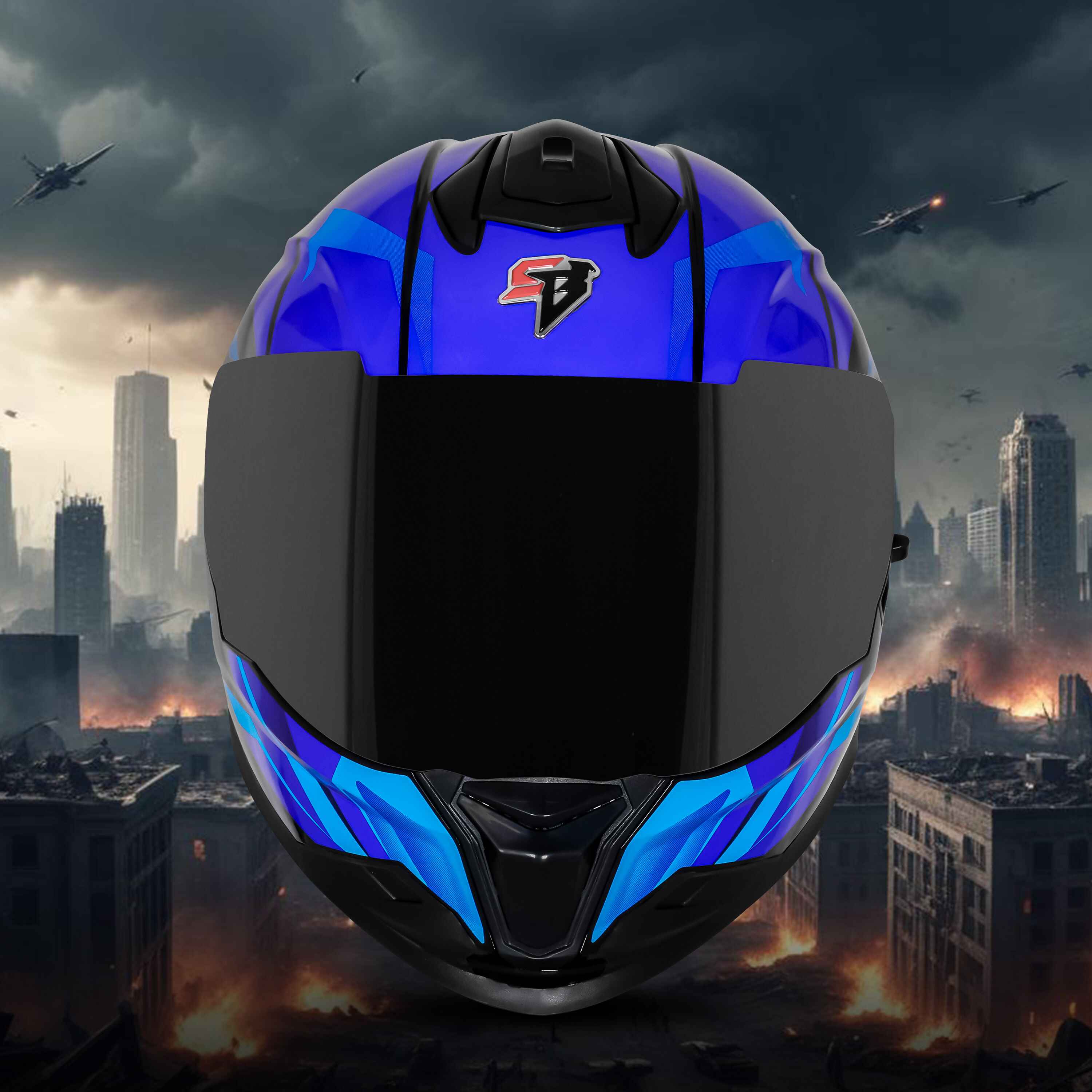 STEELBIRD SBH-57 ISS FIGHTER F4 GLOSSY BLACK/SKY BLUE C/V 580MM WITH EXTRA SMOKE VISOR