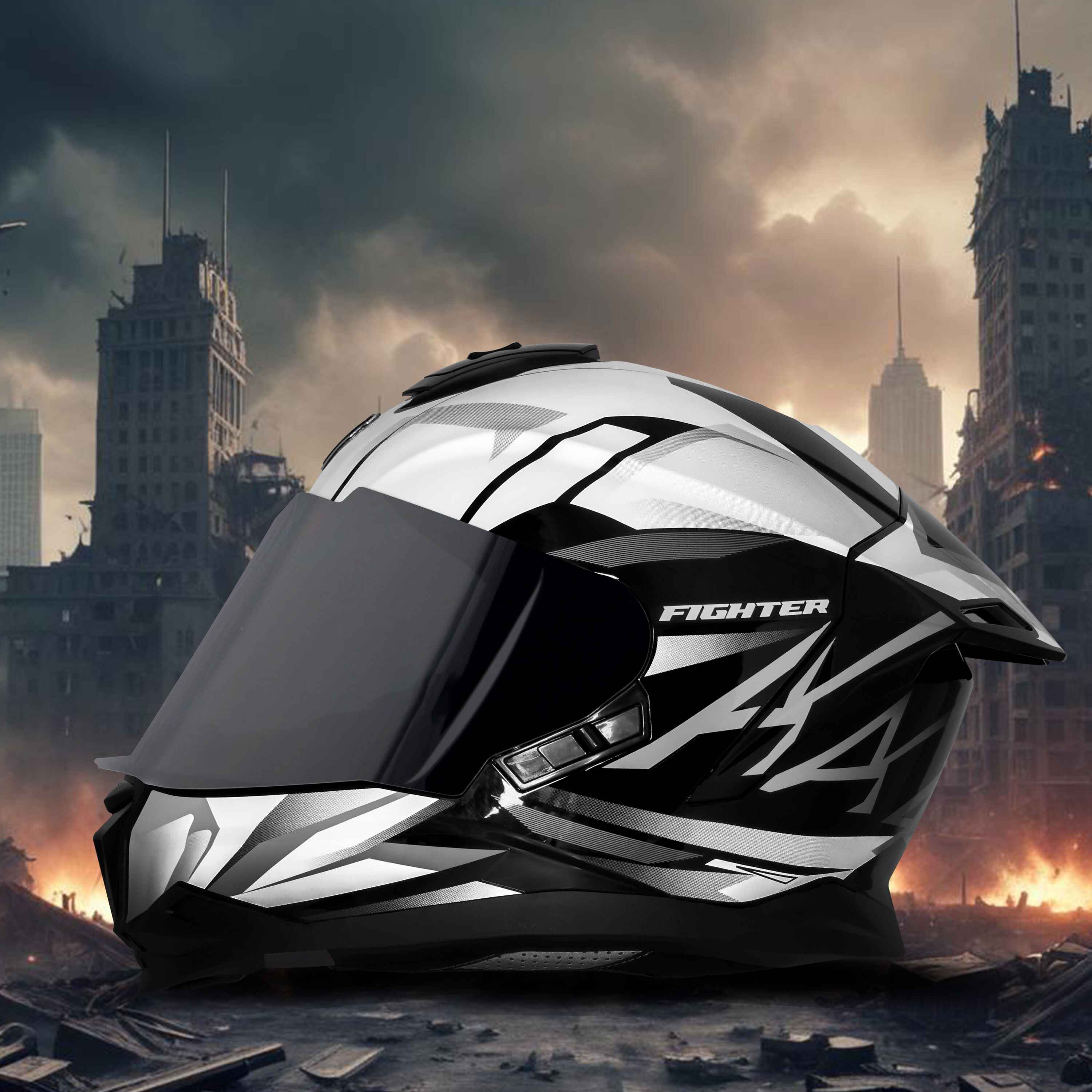 STEELBIRD SBH-57 ISS FIGHTER F4 GLOSSY BLACK/WHITE C/V 580MM WITH EXTRA SMOKE VISOR