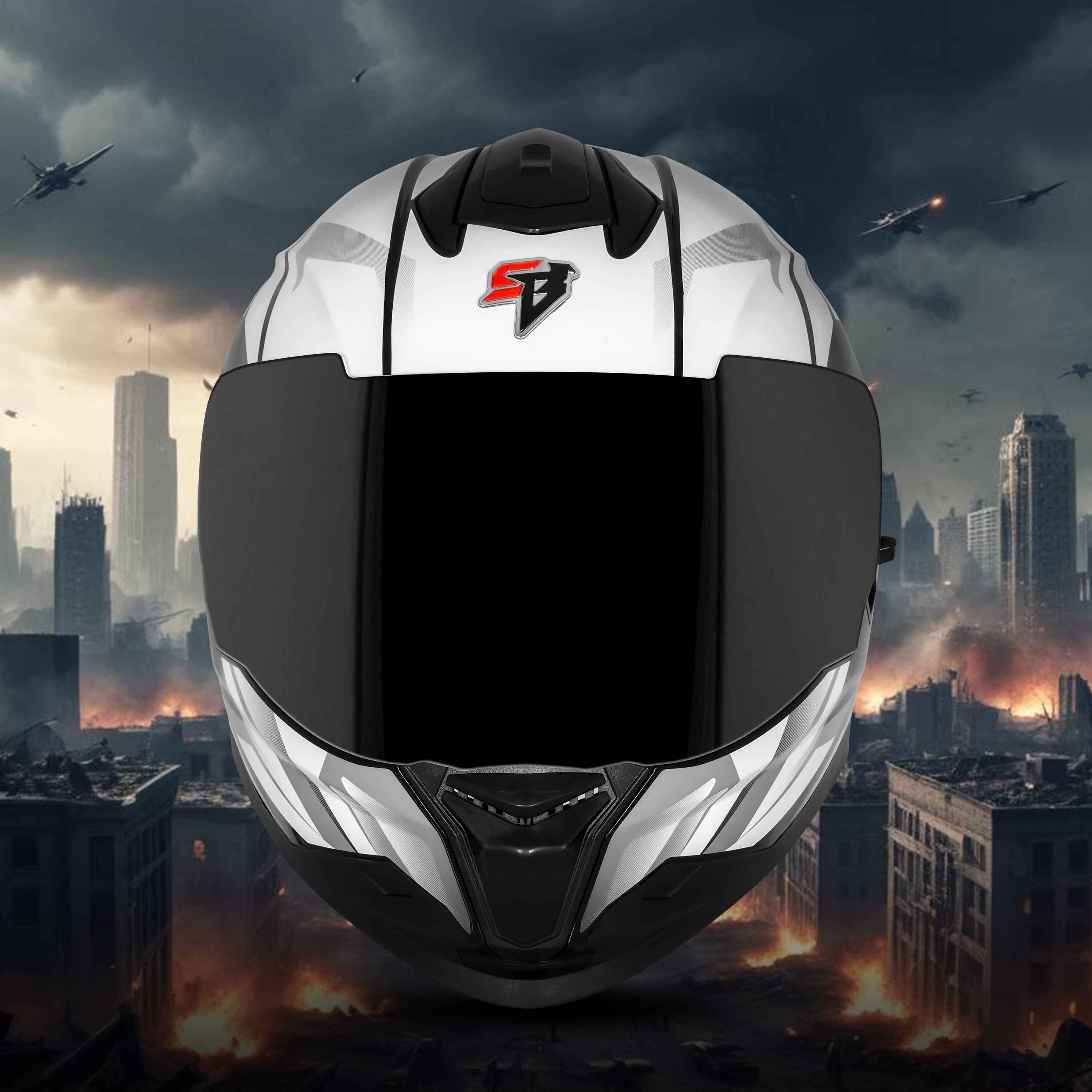 STEELBIRD SBH-57 ISS FIGHTER F4 GLOSSY BLACK/WHITE C/V 580MM WITH EXTRA SMOKE VISOR