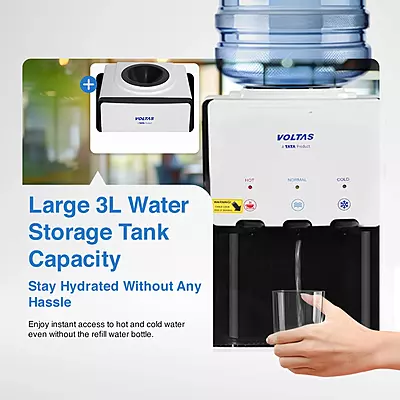 A person dispensing hot water from the child-safe tap of the Voltas Water Dispenser. A person dispensing hot water from the child-safe tap of the Voltas Water Dispenser.