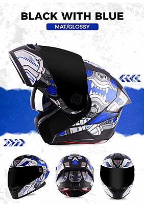 STEELBIRD SBA-8 ISS DIZIMON MAT BLACK/BLUE C/V 580 MM WITH EXTRA SMOKE VISOR