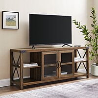 Rustic Farmhouse TV Stand with Glass Doors | Wood Entertainment Unit Rustic Farmhouse TV Stand with Glass Doors | Wood Entertainment Unit