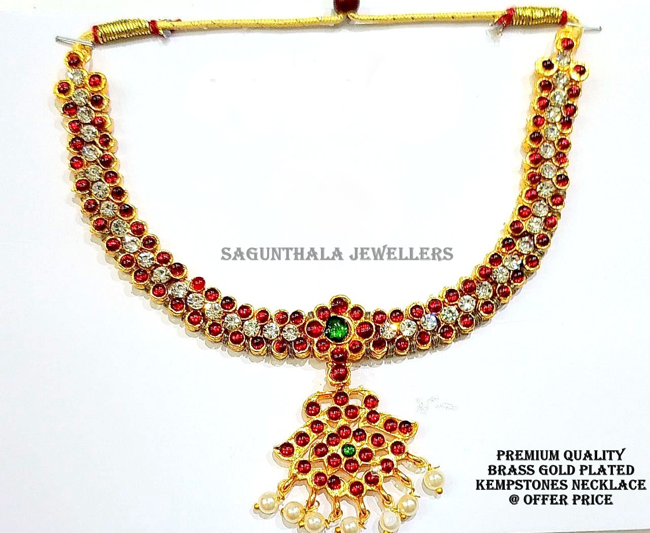 Traditional Temple Jewellery Brass Gold Necklace with Kemp Stones – Premium Imitation Bridal & Dance