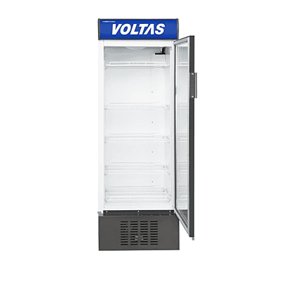 A customer in a Gurgaon store opening the self-closing door of the Voltas Visi Cooler VC 450.