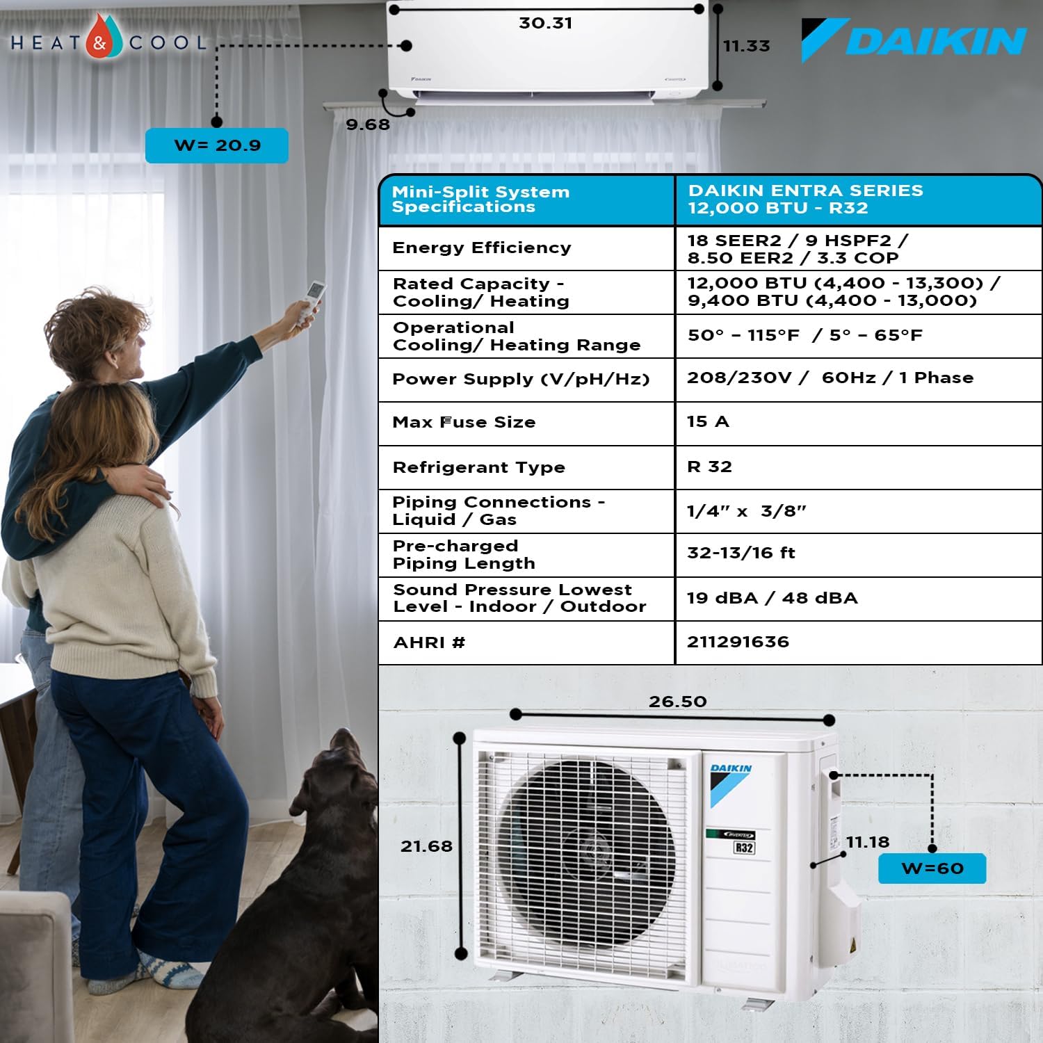 Daikin 12,000 BTU 18 SEER2 Entra R32 Series sin conductos
