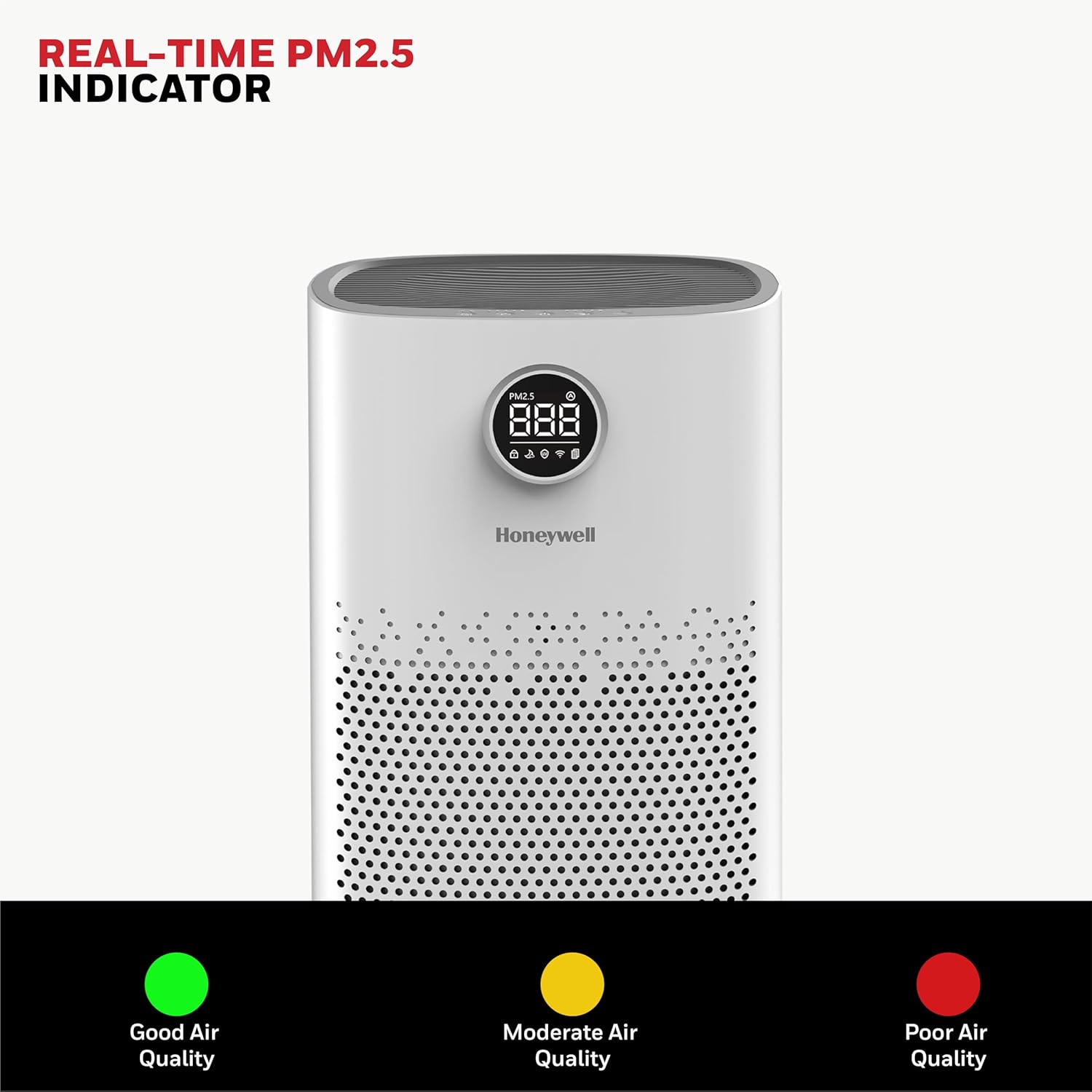 Front view of the Honeywell Air Touch P2, showcasing its clear real-time PM2.5 display.