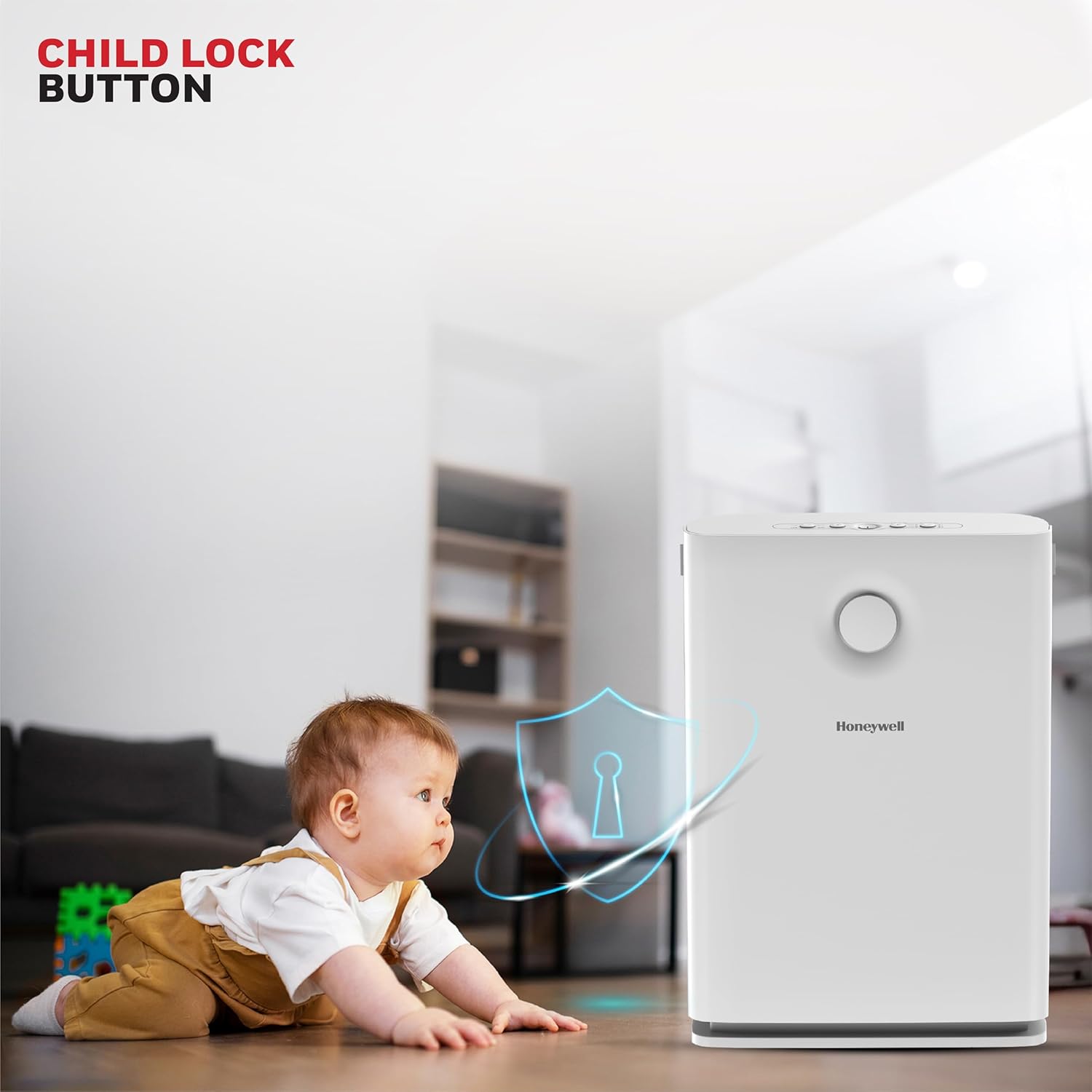 A close-up of the user-friendly interface on the Honeywell Air Touch V3, with the child lock button. A close-up of the user-friendly interface on the Honeywell Air Touch V3, with the child lock button.