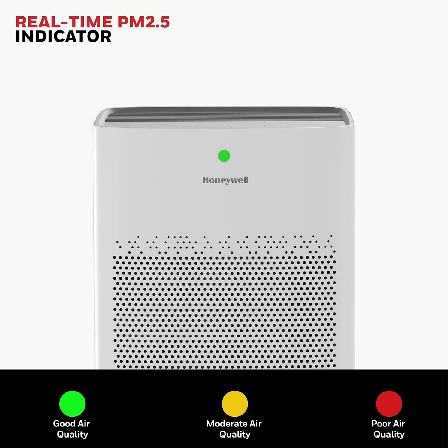 Front view of the Honeywell Air Touch P1 showcasing its real-time PM2.5 display and sleek design.