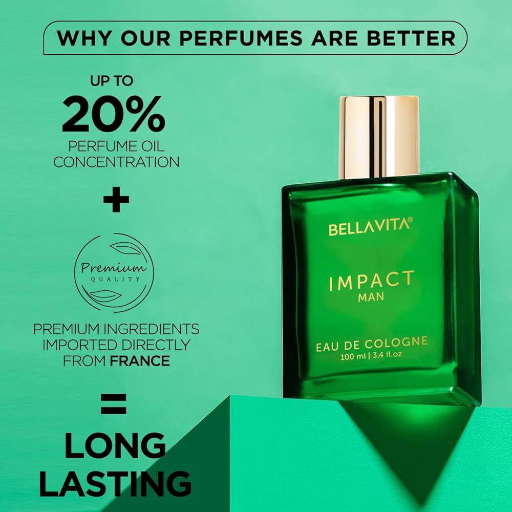 Bella Vita Luxury IMPACT MAN Eau De Cologne Perfume with Mandarin Orange, Patchouli, Cedar | Woody, Citrusy Long Lasting EDC Fragrance Scent for Men 100Ml Bella Vita Luxury IMPACT MAN Eau De Cologne Perfume with Mandarin Orange, Patchouli, Cedar | Woody, Citrusy Long Lasting EDC Fragrance Scent for Men 100Ml