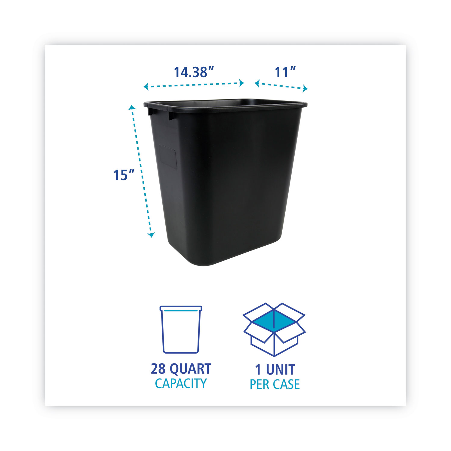 Waste Basket Plastic Rectangle 28 Quart, Black