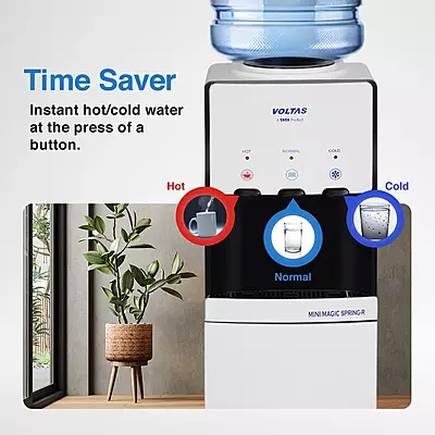 The elegant, white Voltas Water Dispenser ISI Mark Minimagic Spring RV+ in a modern kitchen. The elegant, white Voltas Water Dispenser ISI Mark Minimagic Spring RV+ in a modern kitchen.