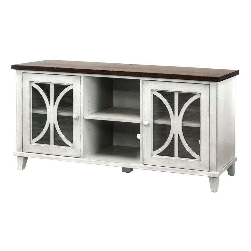 Coastal Farmhouse TV Stand | White Media Console with Geometric Glass Doors Coastal Farmhouse TV Stand | White Media Console with Geometric Glass Doors