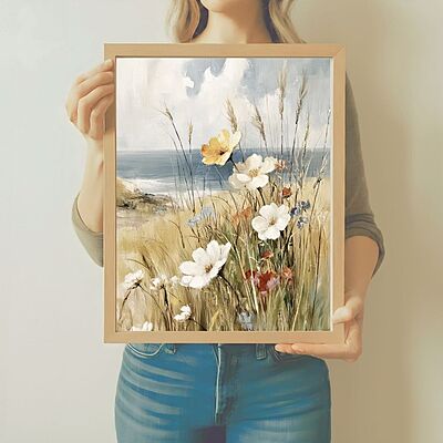 French Coastal Daisy Landscape Canvas Print | UNFRAMED Unframed premium cotton canvas print