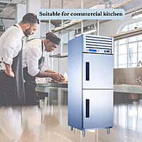Chef retrieving frozen ingredients from a Blue Star 2 Door Reach-In Freezer. Chef retrieving frozen ingredients from a Blue Star 2 Door Reach-In Freezer.