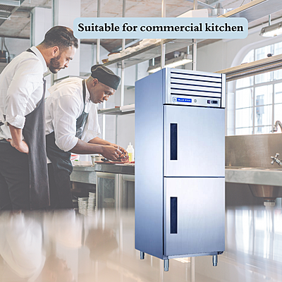Chef retrieving frozen ingredients from a Blue Star 2 Door Reach-In Freezer.