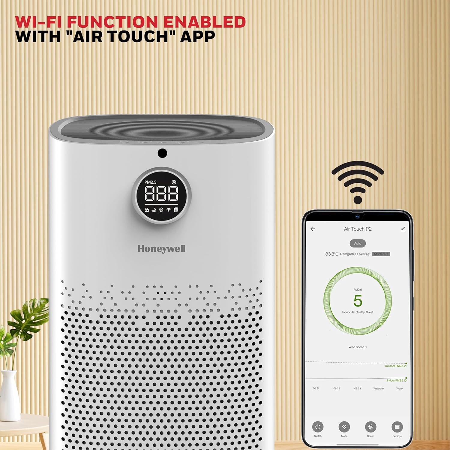 A user controlling their Honeywell Air Touch P2 from a smartphone using the Wi-Fi app.