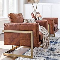 Industrial Tan Leather Armchair (32"H x 31"W x 31"D) | Metal Frame Accent Chair Industrial Tan Leather Armchair (32"H x 31"W x 31"D) | Metal Frame Accent Chair