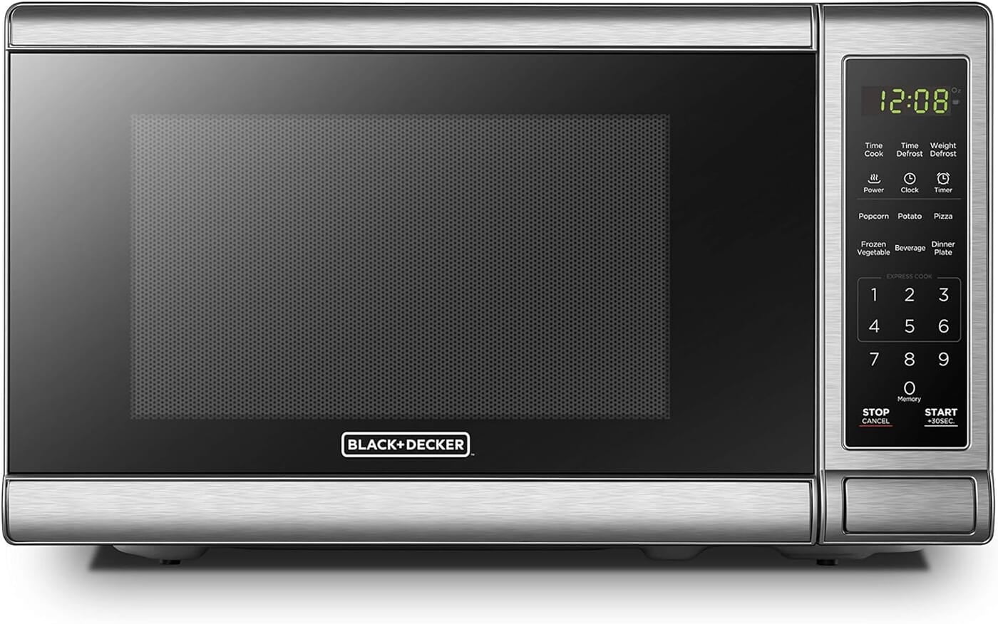 BLACK+DECKER Horno de microondas digital compacto de 700 vatios de 0.7 pies cúbicos, iluminación LED, cerradura para niños, acero inoxidable
