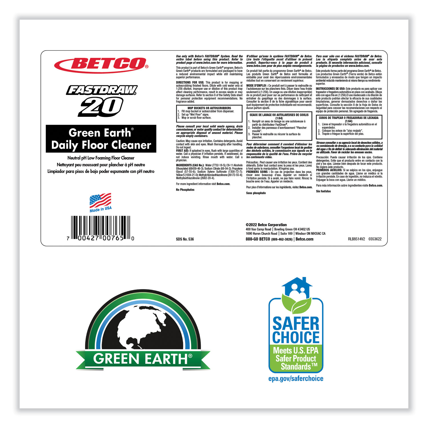 Fastdraw Green Earth Daily Floor Cleaner, 2 L, 67.6 oz, Bottle, Unscented, 4/Carton