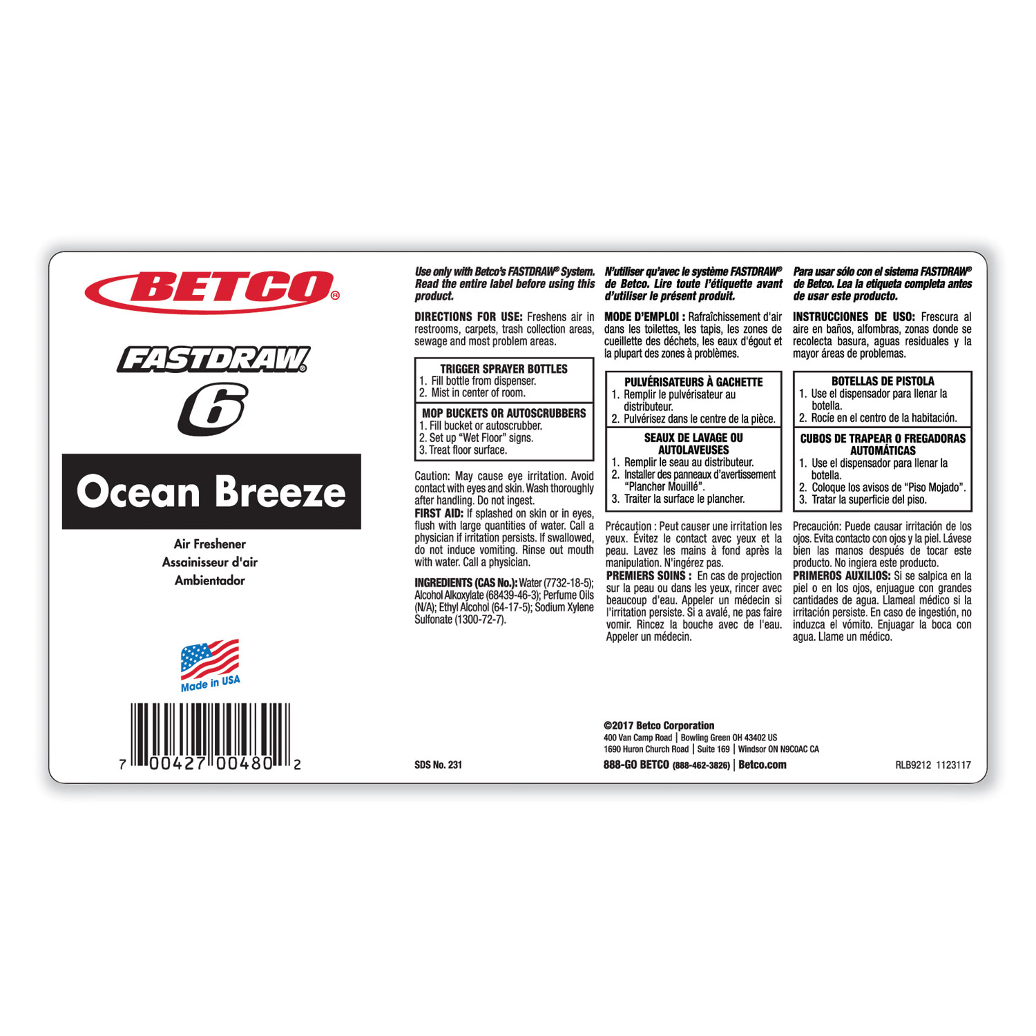 BestScent Ocean Breeze Deodorizer, Ocean Breeze Scent, 67.6 oz FastDraw Bottle - 4/Carton