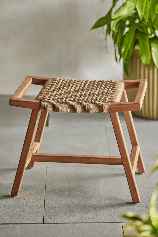 Outdoor Woven Rattan Stool | Natural Wood Patio Ottoman | Boho Accent Bench Outdoor Woven Rattan Stool | Natural Wood Patio Ottoman | Boho Accent Bench