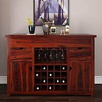 Solid Sheesham Wood Wine Bar Cabinet | Large Liquor Buffet with Wine Rack & Glass Holder Solid Sheesham Wood Wine Bar Cabinet | Large Liquor Buffet with Wine Rack & Glass Holder