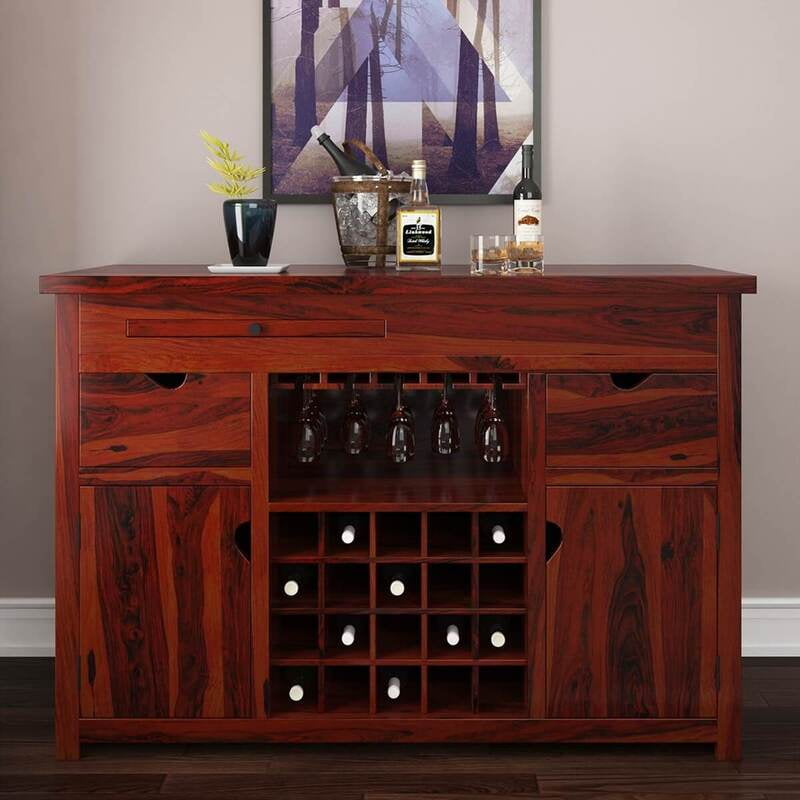 Solid Sheesham Wood Wine Bar Cabinet | Large Liquor Buffet with Wine Rack & Glass Holder Solid Sheesham Wood Wine Bar Cabinet | Large Liquor Buffet with Wine Rack & Glass Holder