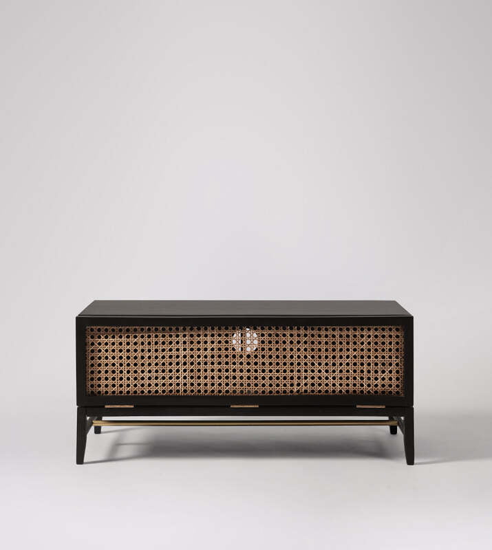 Black Modern Media Unit with Cane Weave | Mid-Century Style Console Black Modern Media Unit with Cane Weave | Mid-Century Style Console