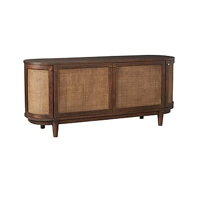 Mid-Century Modern Oval Media Console - Rattan & Wood Sideboard