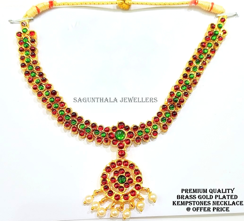Brass Gold Necklace with Kemp Stones – One Gram Gold Finish | Bridal & Classical Dance Wear