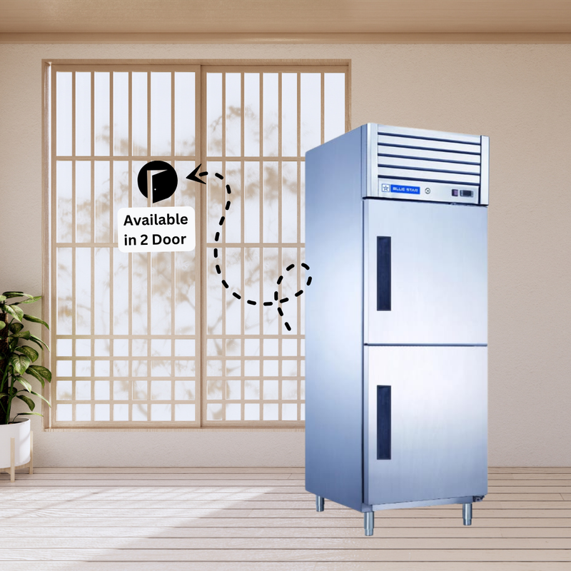 Close-up of the ergonomic door handle on a Blue Star 2 Door Reach-In Freezer.