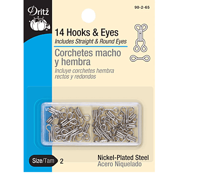 HOOKS & EYES, 14 PC, NICKEL, SIZE 2 HOOKS & EYES, 14 PC, NICKEL, SIZE 2