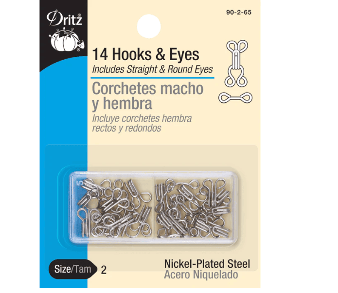 HOOKS & EYES, 14 PC, NICKEL, SIZE 2 HOOKS & EYES, 14 PC, NICKEL, SIZE 2